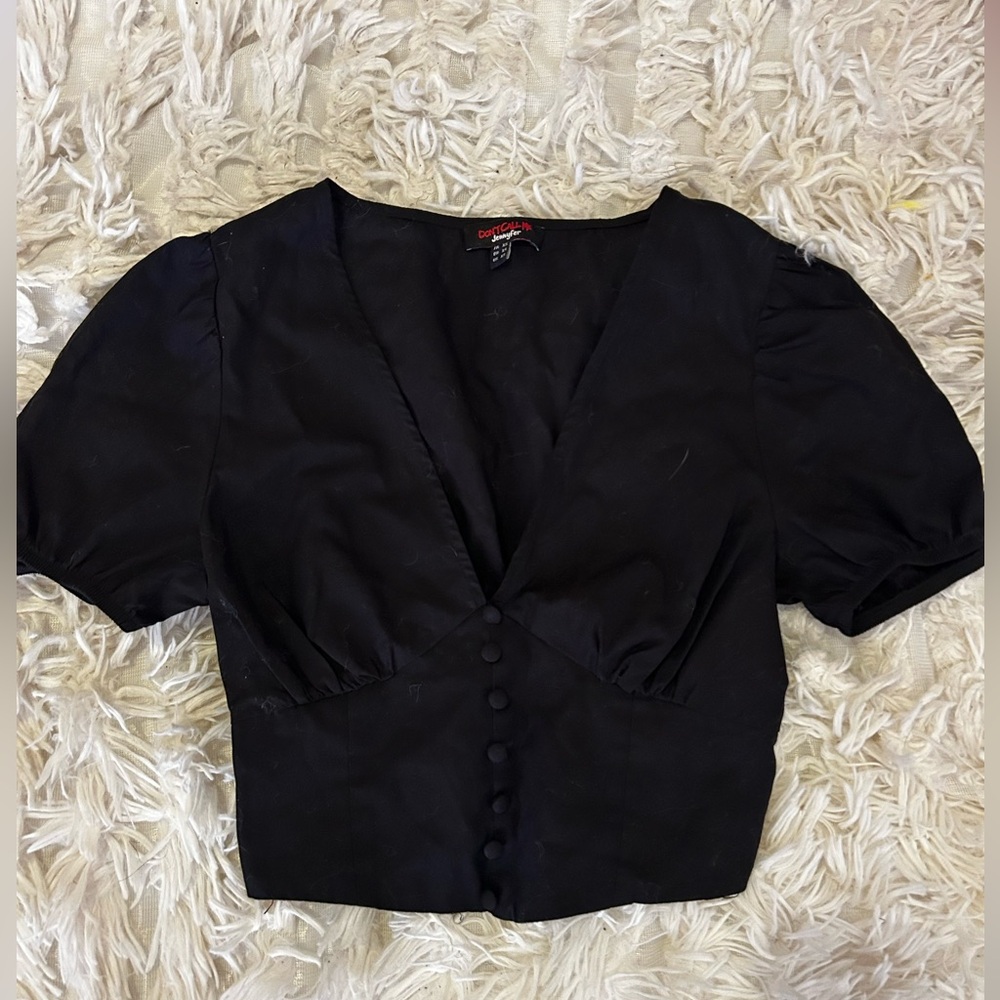 Elevated Black V-Neck Puff Sleeve Crop Blouse